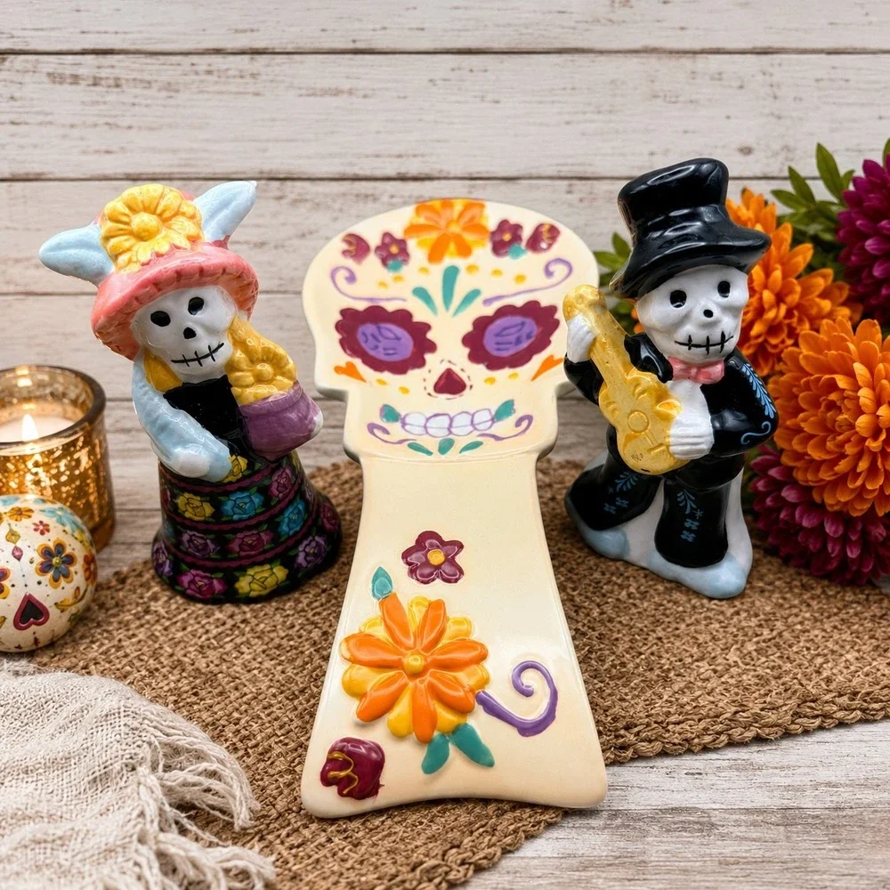 Day of the Dead Sugar Skull Spoon Rest and Calavera Salt Pepper Shaker Set 3pc
